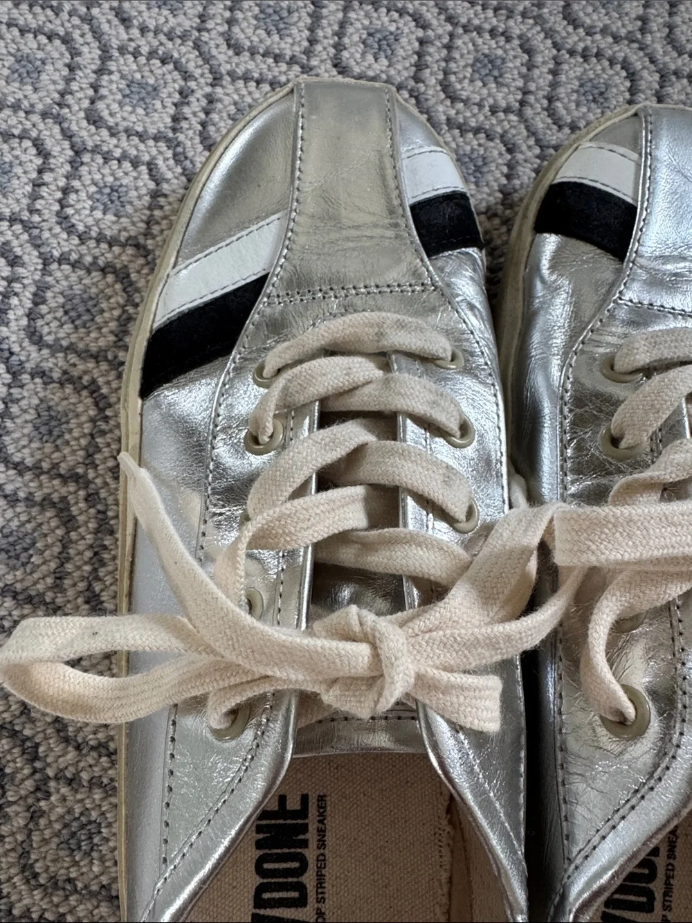 Re/Done Silver Sneakers with Black & White Stripe Detail